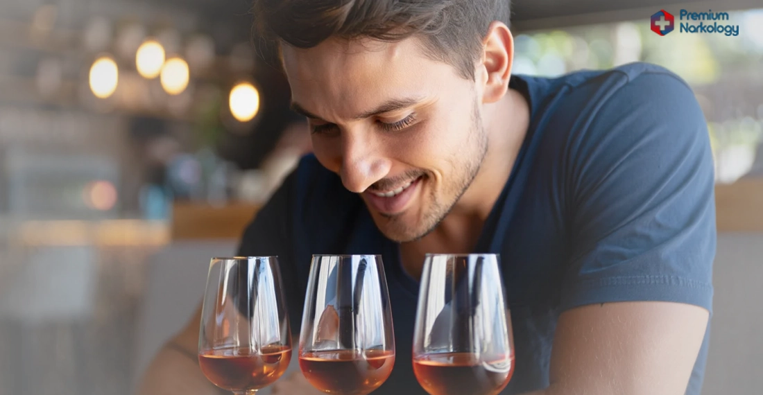 парень с тремя стаканами алкоголя